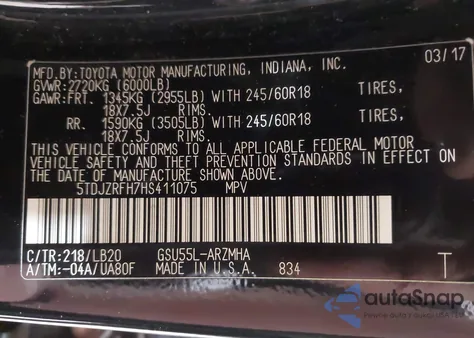 2017 Toyota Highlander Xle из США, поврежденный, VIN 5TDJZRFH7HS411075